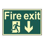 Fire exit running man arrow down 300x200mm Photoluminescent
