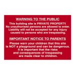 Building site Warning  to public and parents  - 600 x 400mm