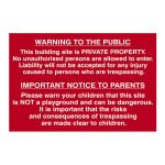 Building site Warning to public and parents 600x400mm